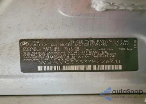 2007 BMW 328 I Sulev z USA, uszkodzony, nr VIN WBAVC53537FZ76411